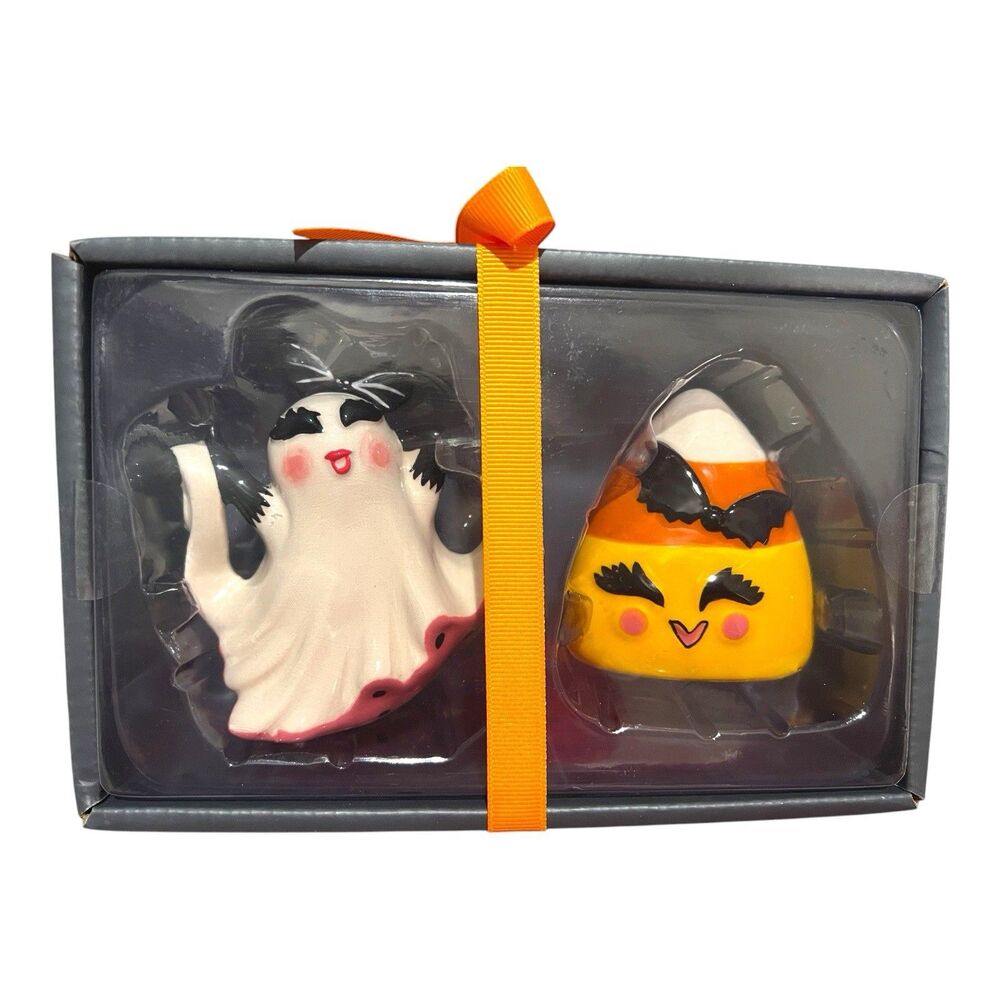 Blue Sky Clayworks Halloween Ceramic Salt & Pepper Candy Corn & Dancing Ghost